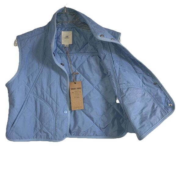 THREAD & SUPPLY XS Light Blue Quilted Cropped Boxy Vest Pocket Puffer Sleeveless - Picture 1 of 5